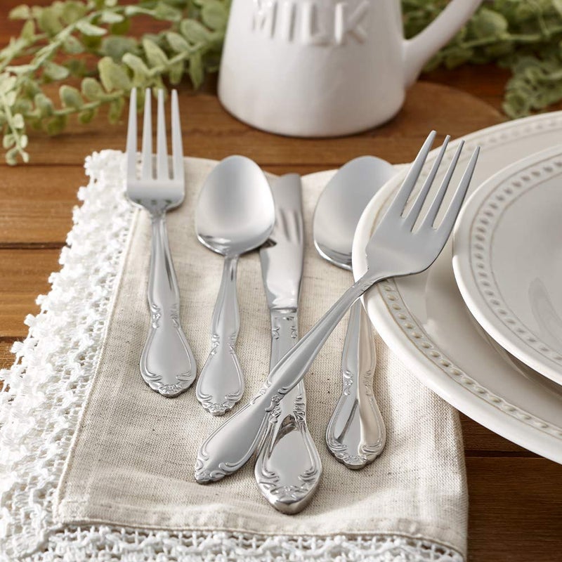 RiverRidge Rose Flatware Set 46 Piece Silverware - Elegant Utensils Set with Serving Pieces, Heavy Gauge Stainless Steel, Mirror Finish - Dishwasher Safe Cutlery for Daily Use & Special Occasions - Image 2